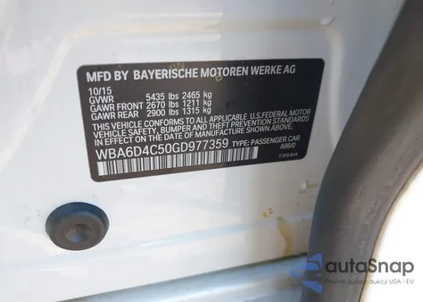 2016 BMW 650I Gran Coupe from USA, damaged, VIN WBA6D4C50GD977359